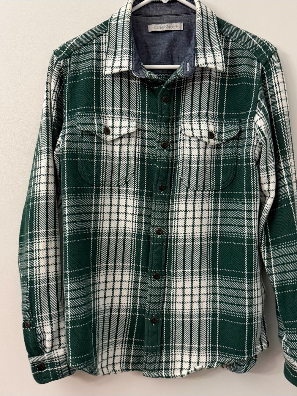 Outerknown Men's Blanket Shirt - White Green  Plaid - Size Small